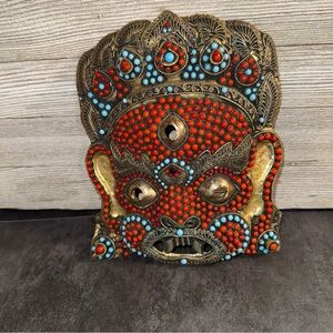 RARE Antique Nepalese Tibetan Coral & Turquoise Beads on Mahakala Mask 8"
